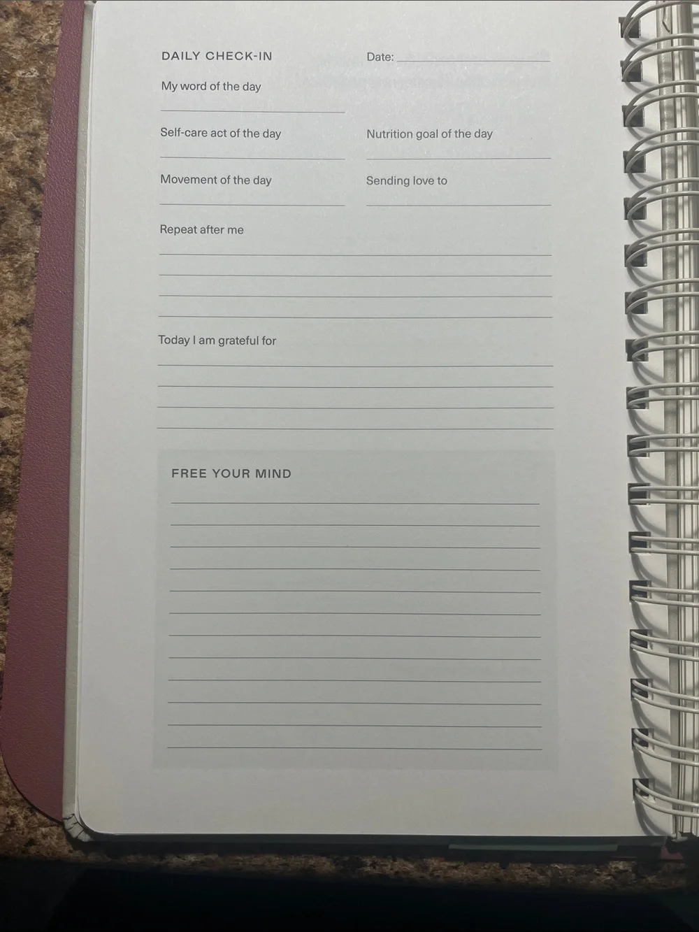 My Daily Check-In Spiral Notebook — White with Gold Text